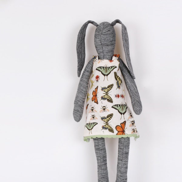Black  and white she  rabbit  Wearing butterflies  dress - handmade  cloth doll