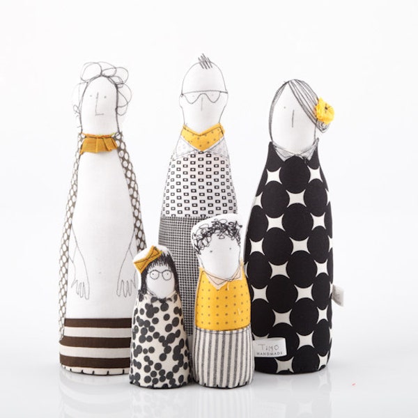 Soft sculpture Family , ooak , art doll -  Father mother, grandmother son and daughter, dressed in Geometric black white yellow -timohandmad