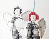 christmas Angels Decorations dolls- TWO Modern Angel one in red cara ,the other is curly black  Wearing a striped dress and a polka dot tie