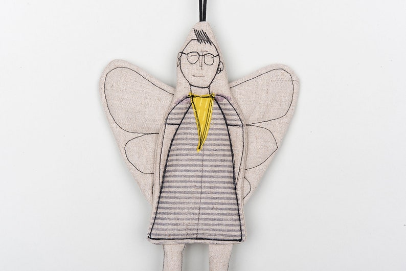 Gender free gift, Linen angel doll, Modern christmas, Handmade ornament, Non binary gift, Hipster doll, Christmas ornaments, Coworker gift Yellow bandana