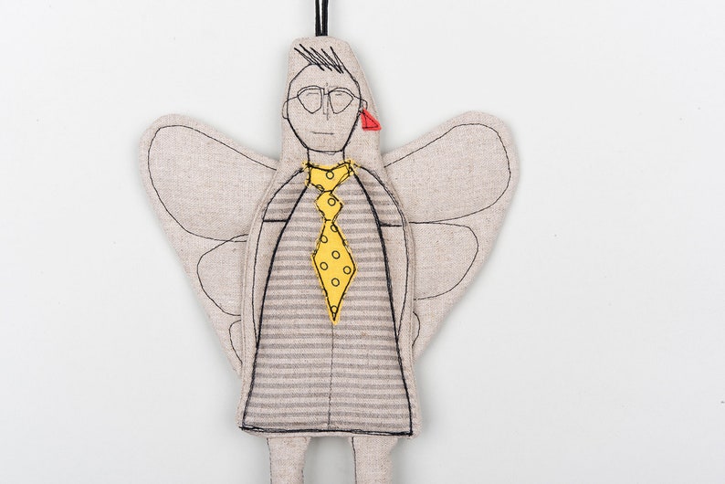 Gender free gift, Linen angel doll, Modern christmas, Handmade ornament, Non binary gift, Hipster doll, Christmas ornaments, Coworker gift Yellow tie