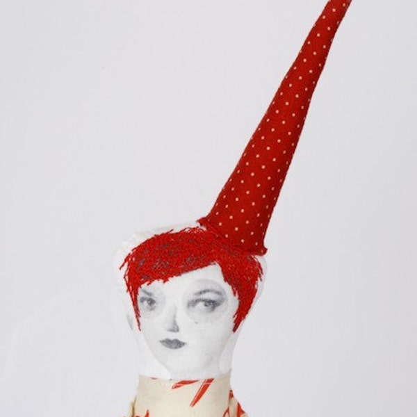 Unique lady With a  hat  wearing a dress printed with scissors in red and white - handmade cloth doll free shipping