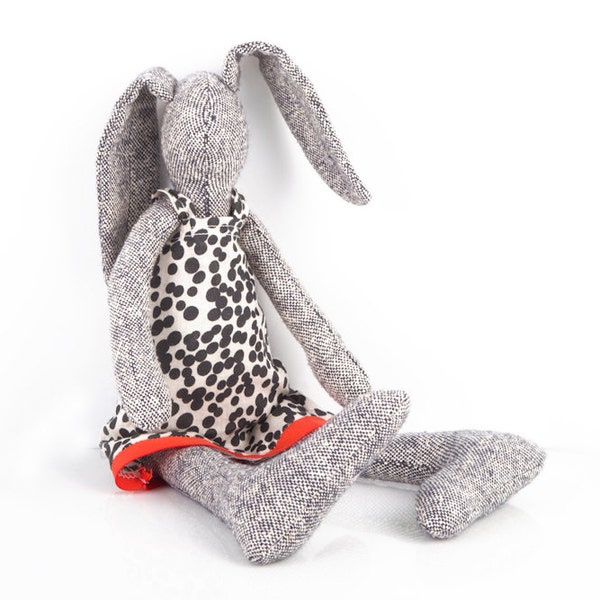 Reserved for Kelsi -Plush Gray  rabbit made from knitted pure silk , wearing white dress with black dots texture, handmade fabric eco doll