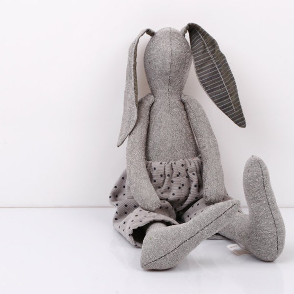 Light Gray Rabbit  Wearing gray corduroy pants With blue polka dots-fabric handmade doll