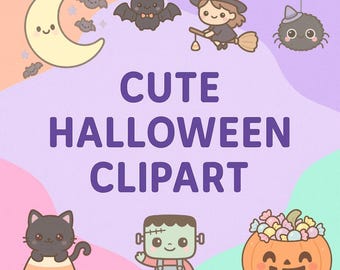 Lindo paquete de imágenes prediseñadas de Halloween en tonos pastel: 20 imágenes PNG, fantasmas kawaii, calabazas y brujas, descarga digital