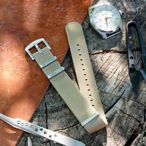 Stainless Steel Clasp - Beige with Silver Strip Through Watch Strap ( 22mm ) Vintage Looking Khaki Strap