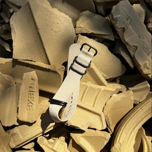 Stainless Steel Clasp - Beige with Black Strip Through Watch Strap ( 22mm ) Vintage Looking Khaki Strap