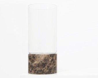 Large Marble + Glass Vase Hurricane | DARK BROWN Minimal Contemporary Hygge Design Aesthetic Flower Vase, Candle Holder, House Warming