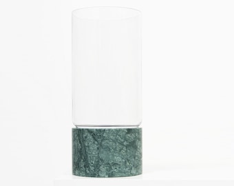 Large Marble + Glass Vase Hurricane | EMPRESS GREEN Minimal Contemporary Hygge Design Aesthetic Flower Vase, Candle Holder, House Warming