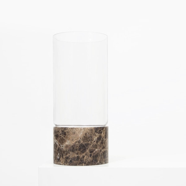 Large Marble + Glass Vase Hurricane | DARK BROWN Minimal Contemporary Hygge Design Aesthetic Flower Vase, Candle Holder, House Warming