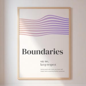 May include: A framed print with the word "Boundaries" in a bold font. Above the word is a wavy design in shades of pink and purple. The text "say no, keep respect" is below the main word, with a description below.