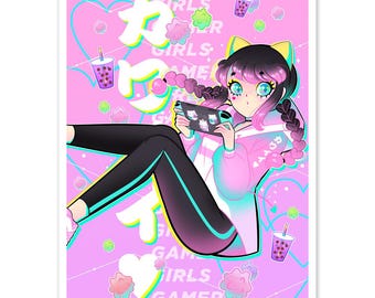 Kawaii Gamer Girl Art Print • Pastel Illustration for Gaming Room
