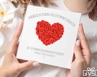 Rozen trouwdagkaart – Gepersonaliseerd met een rode rozenhart en naam | 10e trouwdagkaart | Liefdeshuwelijksdagkaart