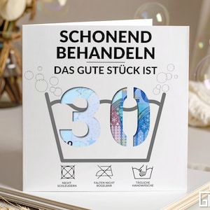 Cadeau en espèces pour un 30e anniversaire – carte pliante amusante avec symbole de lessive et numéro perforé