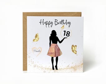Birthday gift for an 18-year-old woman with name & age – personalized greeting card with money skirt and envelope