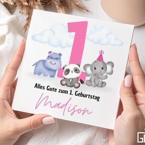 Personalized 1st birthday card – with cute animals & name of your choice as a special keepsake