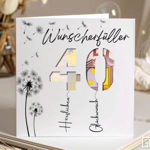 Regalo en efectivo para tu 40.º cumpleaños: Tarjeta de felicitación "Cumple deseos" con número troquelado y diente de león.
