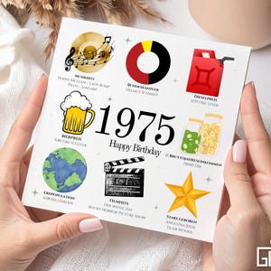 Könnte beinhalten: Eine weiße Karte mit dem Jahr "1975" und "Happy Birthday" in schwarzer Schrift. Die Karte zeigt verschiedene Illustrationen und Texte, darunter eine Schallplatte, ein Bierkrug, ein Globus, eine Filmklappe und ein Stern.