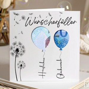 Regalo de cumpleaños en efectivo para todas las edades: tarjeta de felicitación "Cumplidor de deseos" con globos perforados y diente de león para hombres y mujeres.