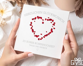 Rozen trouwdagkaart – Gepersonaliseerd met een rode rozenhart en naam | 10e trouwdagkaart | Liefdeshuwelijksdagkaart