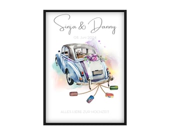 May include: Watercolor print of a vintage blue car decorated with flowers, with the names "Sinja & Danny" and the date "08. Juni 2024" in script. The phrase "ALLES LIEBE ZUR HOCHZEIT" is at the bottom. The image is framed in black.
