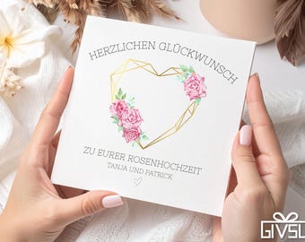 Rozen huwelijksjubileumkaart - Gepersonaliseerd met een gouden hart, roze rozen en namen | 10e huwelijksjubileumkaart | Liefdesjubileumkaart
