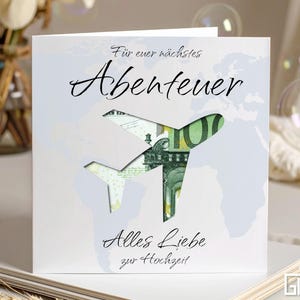 Cadeau de mariage – carte pliante avec motif d'avion et d'aventure perforé