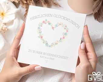 Rozen trouwdagkaart – Gepersonaliseerd met een bloemenhart en naam | 10e trouwdagkaart | Liefdesjubileumkaart