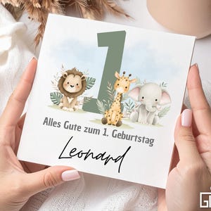 Personalized 1st birthday card – with cute animals & name of your choice as a special keepsake