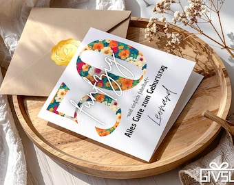 Birthday card 50 with floral pattern – stylish greeting card for men and women for the 50th birthday with golden wax seal