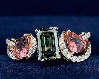 Emerald and Pear Diamond Ring, Lab Grown Diamond Engagement Ring, Three Stone Gold Ring, Unique Wedding Ring for Women