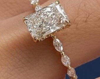 Anillo de compromiso de oro con diamante cultivado en laboratorio de talla radiante de 2 quilates, talla marquesa, certificado por IGI.