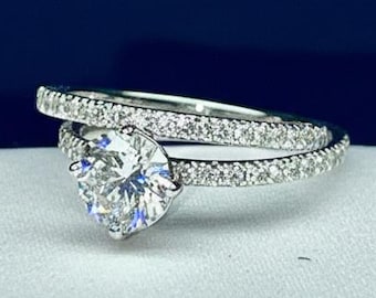 Anillo de compromiso con diamante redondo cultivado en laboratorio de 1,25 ct, certificado por IGI VVS2 F, banda con doble pavé.