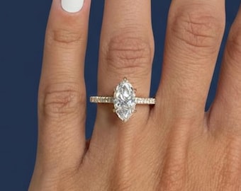 Anillo de compromiso con diamante cultivado en laboratorio talla marquesa de 2 quilates, certificado por IGI VVS2 F, anillo con banda pavé.