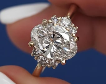 Anillo de compromiso ovalado con diamante cultivado en laboratorio, certificado por IGI, pureza VVS2 F, halo de oro, ideal para propuestas de boda.