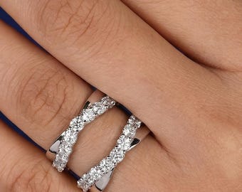 Anel de diamantes com aro duplo, anel de diamantes cultivados em laboratório, aliança aberta, anel marcante para usar em conjunto com outros anéis, anel de ouro cravejado de diamantes