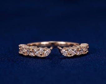 Marquise & Round Lab Grown Diamond Ring, Open Gap Wedding Band, Curved Gold Ring, Dainty Stacking Ring for Women