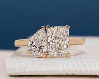Anello di fidanzamento con diamante di laboratorio Radiant & Pear / 1,55 CTW, oro massiccio Toi et Moi