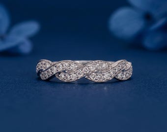 Fede nuziale Infinity con diamanti, anello con diamanti creati in laboratorio, anello in oro intrecciato, anello di promessa impilabile per donna