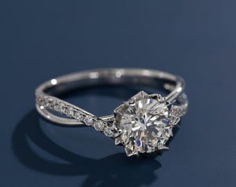 Anillo de compromiso de oro blanco de 1 quilates con banda trenzada, cultivado en laboratorio, VVS2 F, certificado IGI, con diamantes pavé de 0,23 ct.