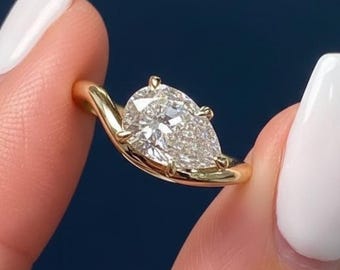 Anillo de oro macizo con diamante sintético en forma de pera de 1 quilate, solitario curvo certificado por IGI, claridad VVS2 F.