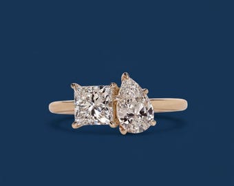Anello con diamanti Toi Et Moi Lab Grown: taglio a pera e principessa, oro 14 carati