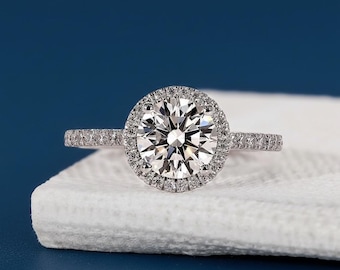 Anillo de compromiso con halo de diamantes de laboratorio de 1,75 ct con certificación IGI / Oro o plata de 14 quilates