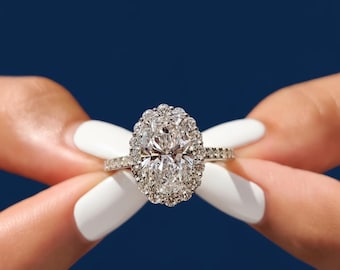 Anillo de compromiso con halo de diamantes cultivados en laboratorio ovalados de 2 quilates, certificado IGI VVS2 F, 0,76 ct en pavé nupcial en oro de 10 quilates, 14 quilates y 18 quilates.