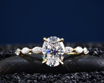 Anillo de compromiso ovalado con diamante cultivado en laboratorio, detalle marquesa, certificado por IGI, alianza de oro.