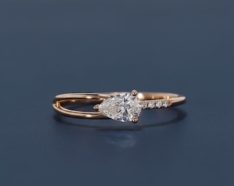 Anello di fidanzamento con diamante di laboratorio a forma di pera, fascia in oro pavé 14 carati
