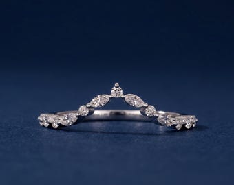 Fede nuziale con diamanti sintetici a taglio marquise e rotondo, anello con diamanti curvo, fede in oro impilabile, delicato anello da sposa per donna