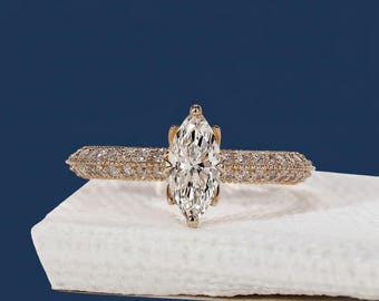 Anello di fidanzamento con diamanti Marquise coltivati in laboratorio, fascia pavé, oro massiccio