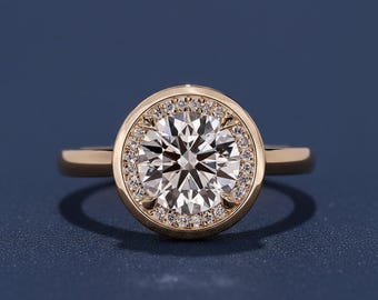 Anillo de compromiso redondo con diamante cultivado en laboratorio, 1,50 ct VVS2 certificado por IGI, engaste de oro con halo.