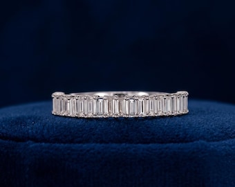 Baguette Diamond Wedding Band, Lab Grown Diamond Ring, Half Eternity Gold Ring, Stackable Bridal Band for Women